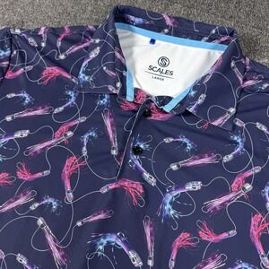 Scales Polo Shirt Mens L‎ Fishing Lure Print Performance Stretch Golf Activewear